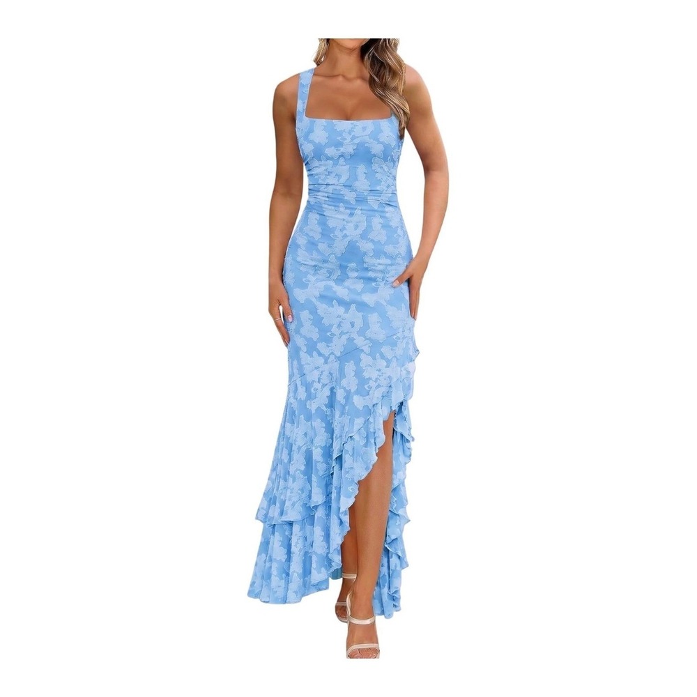 Light Blue Floral Jacquard Ruched Ruffle High Low Maxi Dress XL